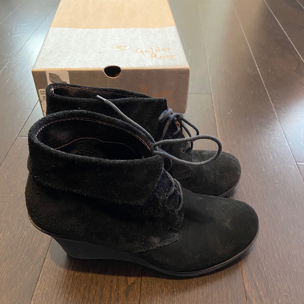 Golden Rose black suede wedge booties size 38